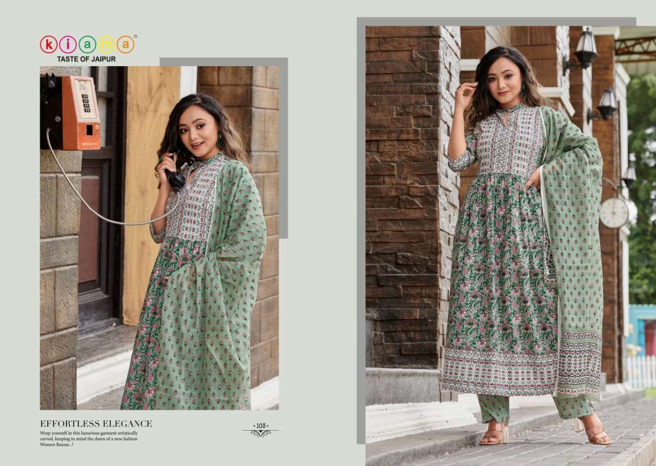 KIAMA VOL-1 BY KIAMA 101 TO 105 SERIES BEAUTIFUL SUITS COLORFUL STYLISH FANCY CASUAL WEAR & ETHNIC WEAR PURE COTTON PRINT DRESSES AT WHOLESALE PRICE