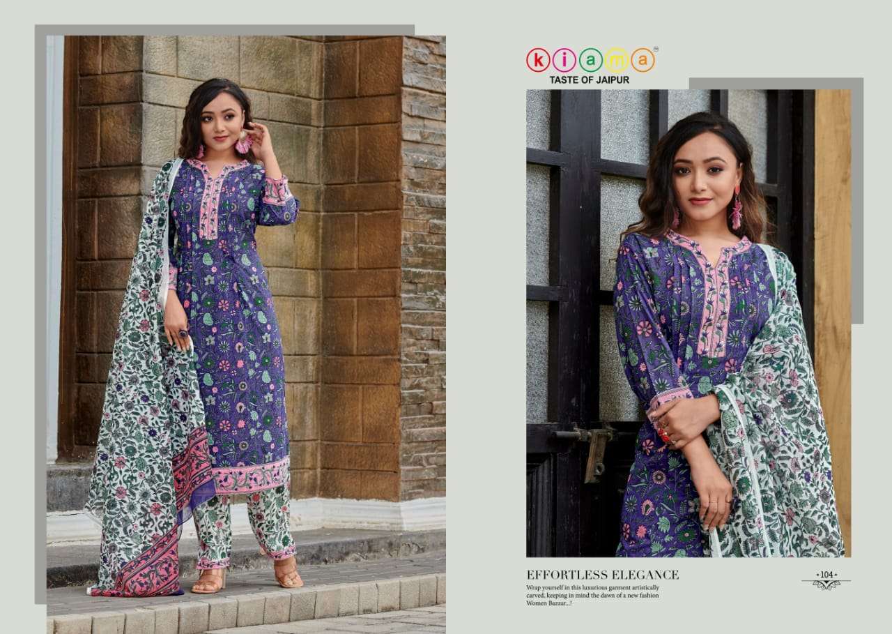 KIAMA VOL-1 BY KIAMA 101 TO 105 SERIES BEAUTIFUL SUITS COLORFUL STYLISH FANCY CASUAL WEAR & ETHNIC WEAR PURE COTTON PRINT DRESSES AT WHOLESALE PRICE