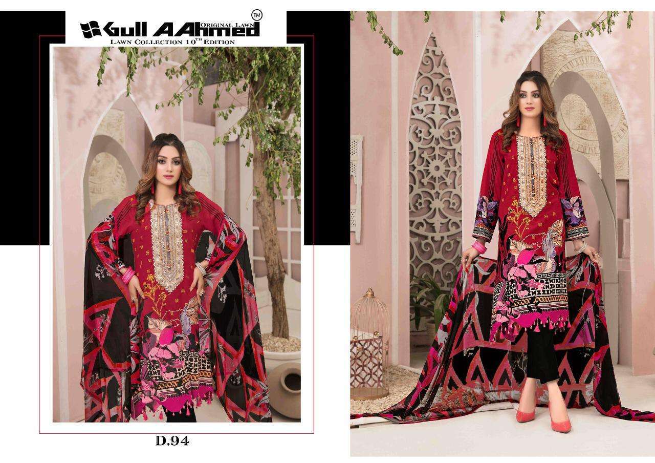 GUL AHMED VOL-10 BY FASHID WHOLESALE 91 TO 100 SERIES BEAUTIFUL SUITS COLORFUL STYLISH FANCY CASUAL WEAR & ETHNIC WEAR PURE LAWN PRINT DRESSES AT WHOLESALE PRICE