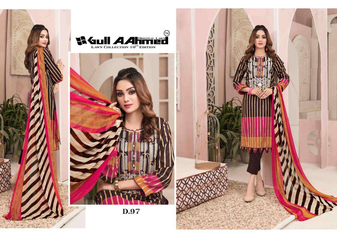 GUL AHMED VOL-10 BY FASHID WHOLESALE 91 TO 100 SERIES BEAUTIFUL SUITS COLORFUL STYLISH FANCY CASUAL WEAR & ETHNIC WEAR PURE LAWN PRINT DRESSES AT WHOLESALE PRICE