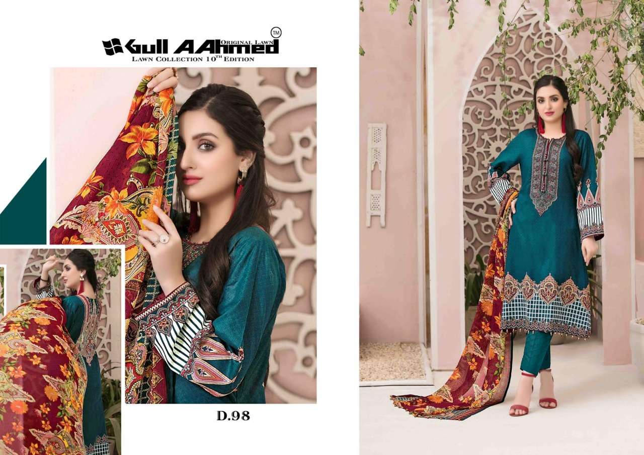 GUL AHMED VOL-10 BY FASHID WHOLESALE 91 TO 100 SERIES BEAUTIFUL SUITS COLORFUL STYLISH FANCY CASUAL WEAR & ETHNIC WEAR PURE LAWN PRINT DRESSES AT WHOLESALE PRICE