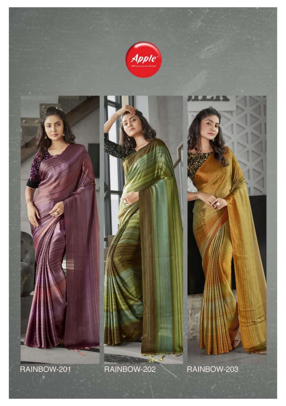 RAINBOW VOL-2 BY APPLE 201 TO 206 SERIES INDIAN TRADITIONAL WEAR COLLECTION BEAUTIFUL STYLISH FANCY COLORFUL PARTY WEAR & OCCASIONAL WEAR FANCY SAREES AT WHOLESALE PRICE