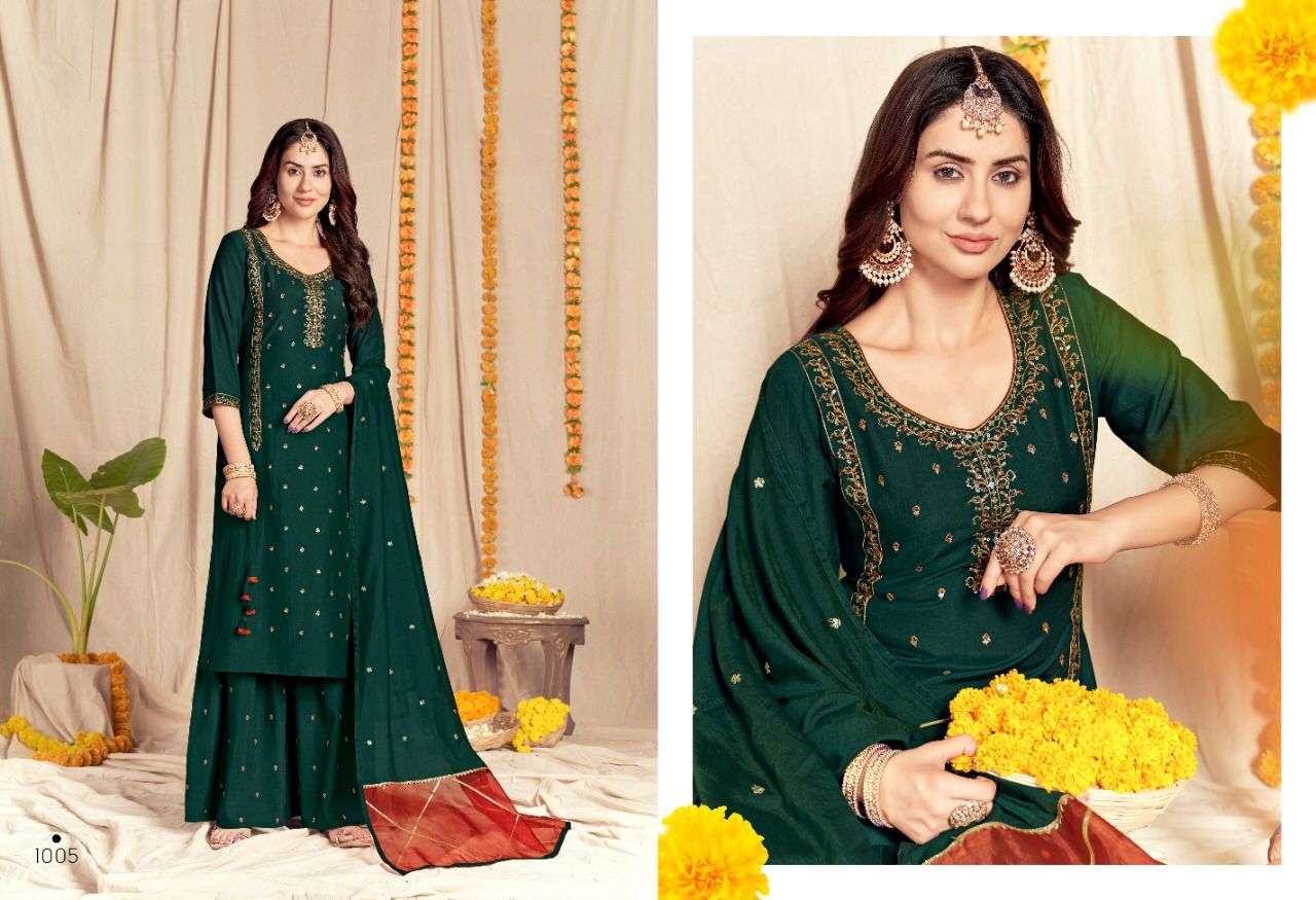 BLOOM BY SWEETY FASHION 1001 TO 1006 SERIES BEAUTIFUL SHARARA SUITS COLORFUL STYLISH FANCY CASUAL WEAR & ETHNIC WEAR FANCY SILK DRESSES AT WHOLESALE PRICE