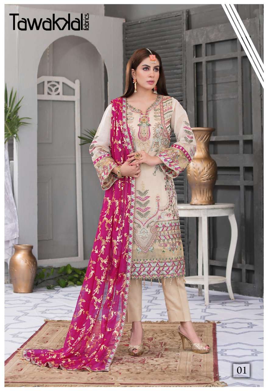 ZAAFIRA BY TAWAKKAL FAB 01 TO 10 SERIES DESIGNER PAKISTANI SUITS BEAUTIFUL STYLISH FANCY COLORFUL PARTY WEAR & OCCASIONAL WEAR COTTON DRESSES AT WHOLESALE PRICE