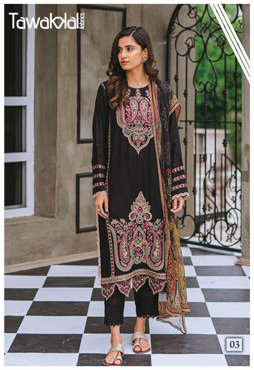 ZAAFIRA BY TAWAKKAL FAB 01 TO 10 SERIES DESIGNER PAKISTANI SUITS BEAUTIFUL STYLISH FANCY COLORFUL PARTY WEAR & OCCASIONAL WEAR COTTON DRESSES AT WHOLESALE PRICE