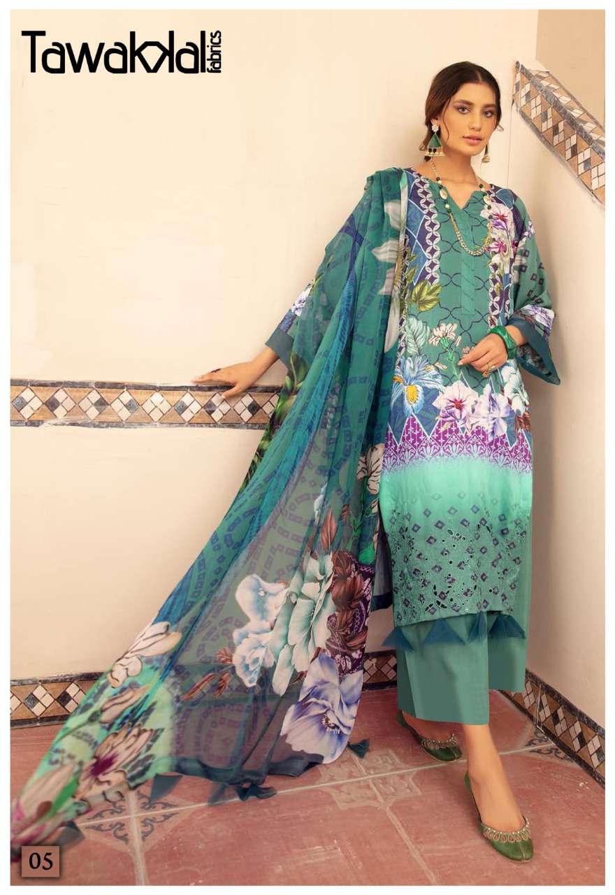 ZAAFIRA BY TAWAKKAL FAB 01 TO 10 SERIES DESIGNER PAKISTANI SUITS BEAUTIFUL STYLISH FANCY COLORFUL PARTY WEAR & OCCASIONAL WEAR COTTON DRESSES AT WHOLESALE PRICE