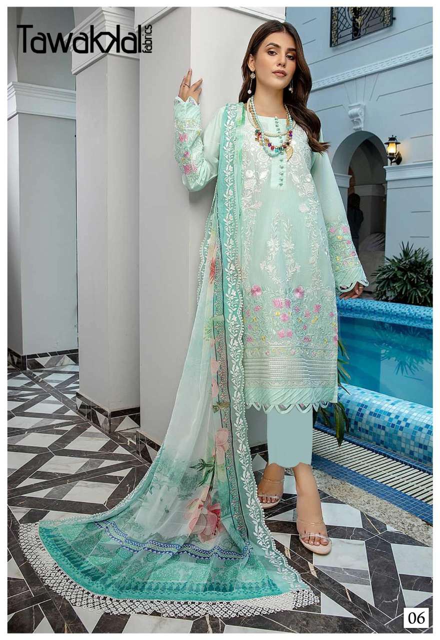 ZAAFIRA BY TAWAKKAL FAB 01 TO 10 SERIES DESIGNER PAKISTANI SUITS BEAUTIFUL STYLISH FANCY COLORFUL PARTY WEAR & OCCASIONAL WEAR COTTON DRESSES AT WHOLESALE PRICE