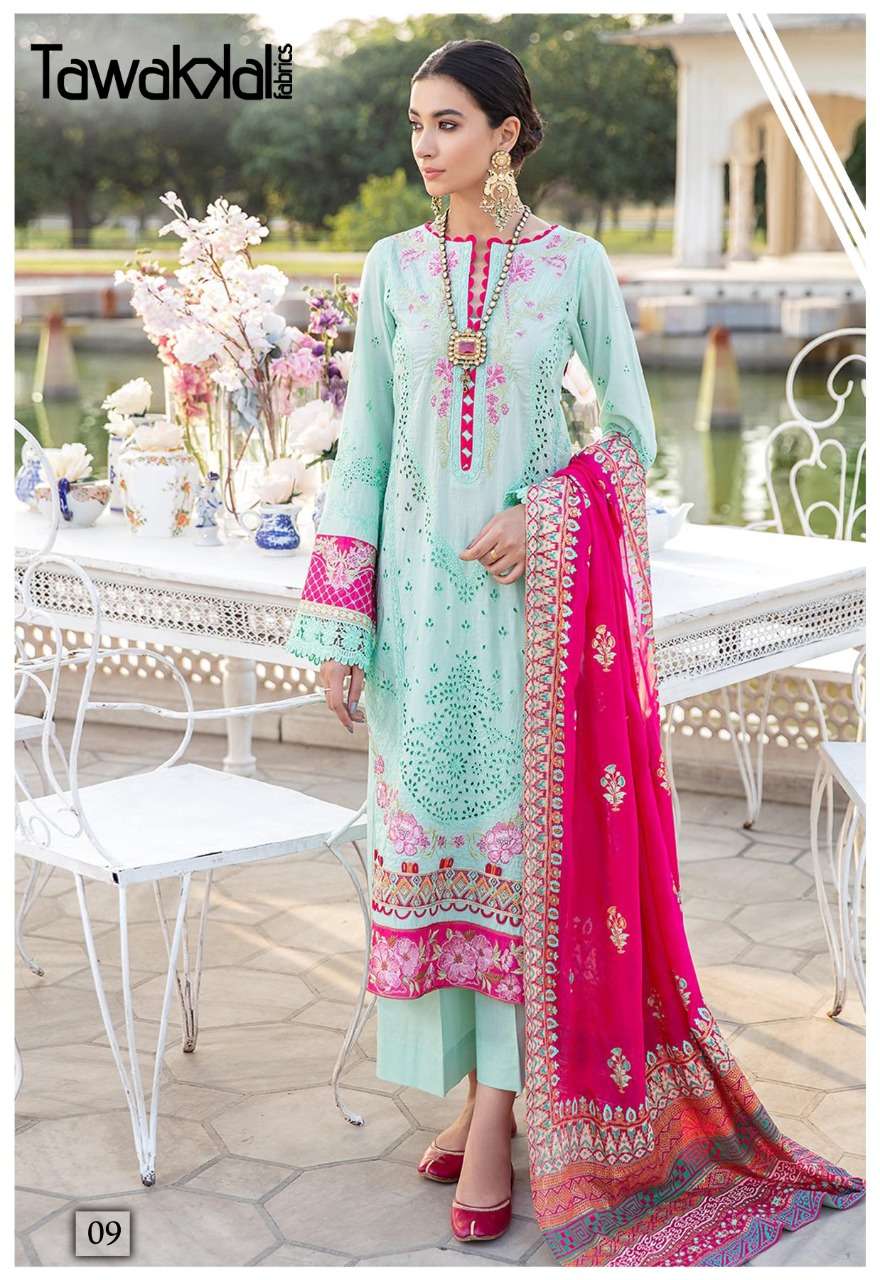 ZAAFIRA BY TAWAKKAL FAB 01 TO 10 SERIES DESIGNER PAKISTANI SUITS BEAUTIFUL STYLISH FANCY COLORFUL PARTY WEAR & OCCASIONAL WEAR COTTON DRESSES AT WHOLESALE PRICE