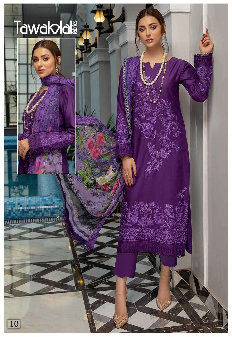 ZAAFIRA BY TAWAKKAL FAB 01 TO 10 SERIES DESIGNER PAKISTANI SUITS BEAUTIFUL STYLISH FANCY COLORFUL PARTY WEAR & OCCASIONAL WEAR COTTON DRESSES AT WHOLESALE PRICE