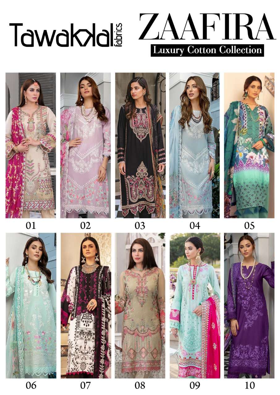 ZAAFIRA BY TAWAKKAL FAB 01 TO 10 SERIES DESIGNER PAKISTANI SUITS BEAUTIFUL STYLISH FANCY COLORFUL PARTY WEAR & OCCASIONAL WEAR COTTON DRESSES AT WHOLESALE PRICE