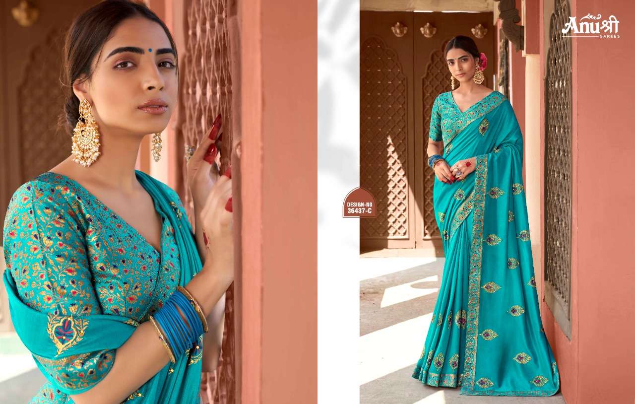 MOR PANKH BY ANUSHREE 36437-A TO 36437-H SERIES INDIAN TRADITIONAL WEAR COLLECTION BEAUTIFUL STYLISH FANCY COLORFUL PARTY WEAR & OCCASIONAL WEAR GEORGETTE SAREES AT WHOLESALE PRICE
