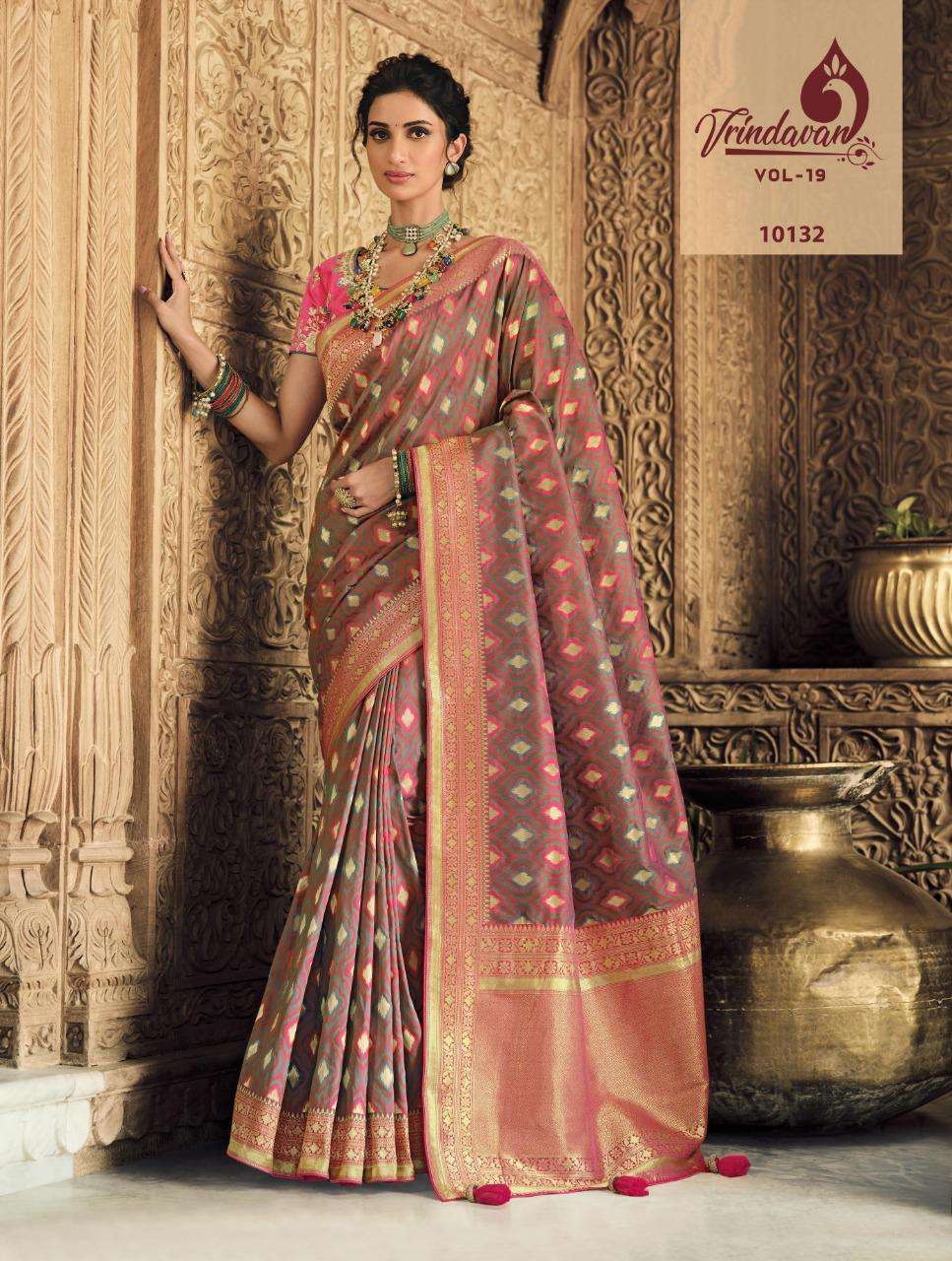 VRINDAVAN VOL-19 BY VRINDAVAN 10127 TO 10141 SERIES INDIAN TRADITIONAL WEAR COLLECTION BEAUTIFUL STYLISH FANCY COLORFUL PARTY WEAR & OCCASIONAL WEAR SILK SAREES AT WHOLESALE PRICE