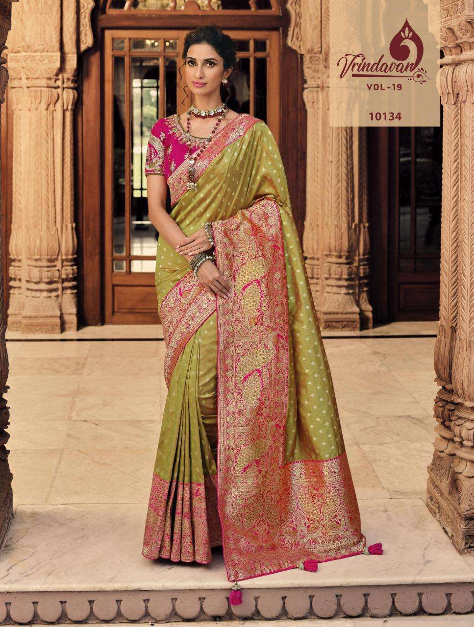 VRINDAVAN VOL-19 BY VRINDAVAN 10127 TO 10141 SERIES INDIAN TRADITIONAL WEAR COLLECTION BEAUTIFUL STYLISH FANCY COLORFUL PARTY WEAR & OCCASIONAL WEAR SILK SAREES AT WHOLESALE PRICE