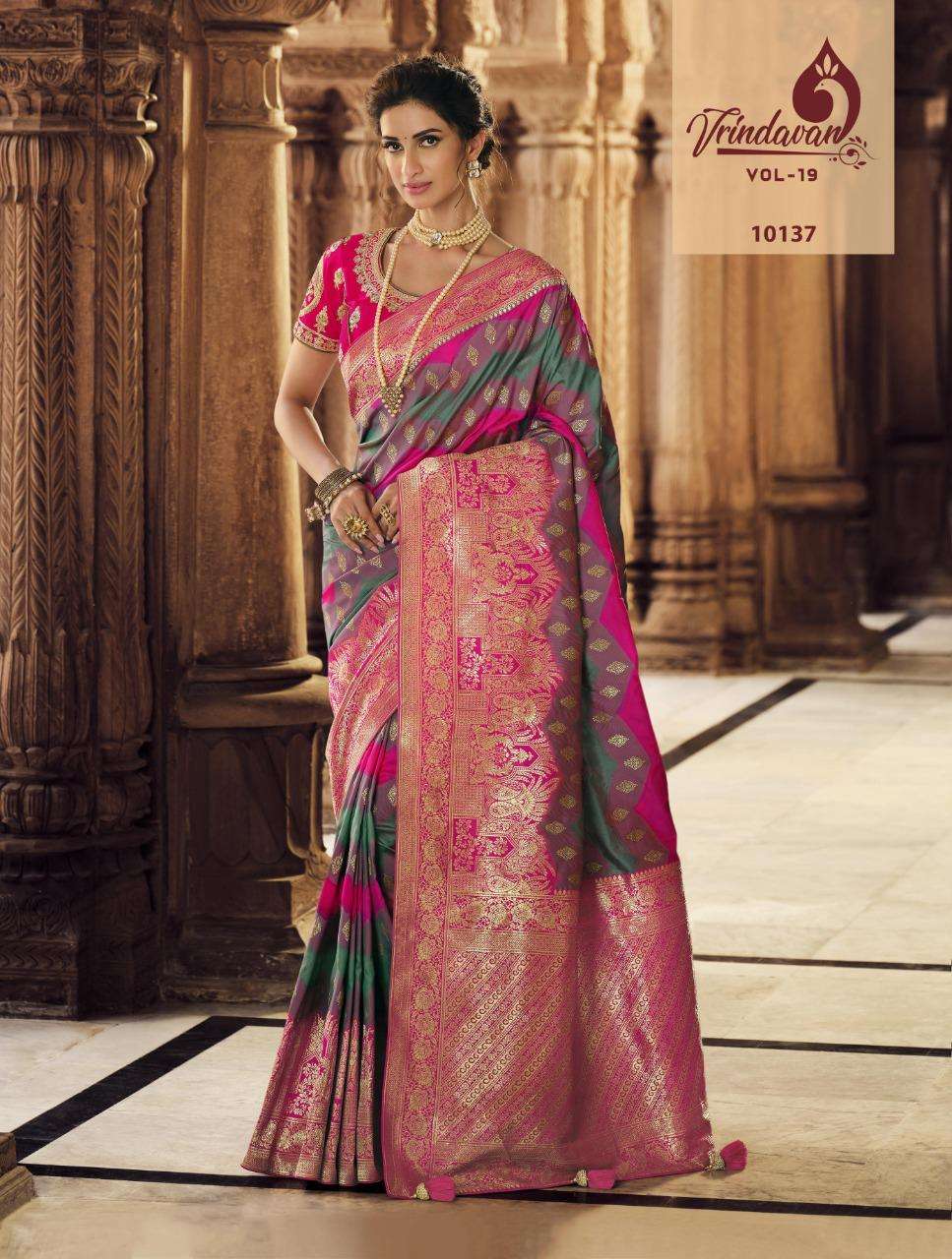 VRINDAVAN VOL-19 BY VRINDAVAN 10127 TO 10141 SERIES INDIAN TRADITIONAL WEAR COLLECTION BEAUTIFUL STYLISH FANCY COLORFUL PARTY WEAR & OCCASIONAL WEAR SILK SAREES AT WHOLESALE PRICE