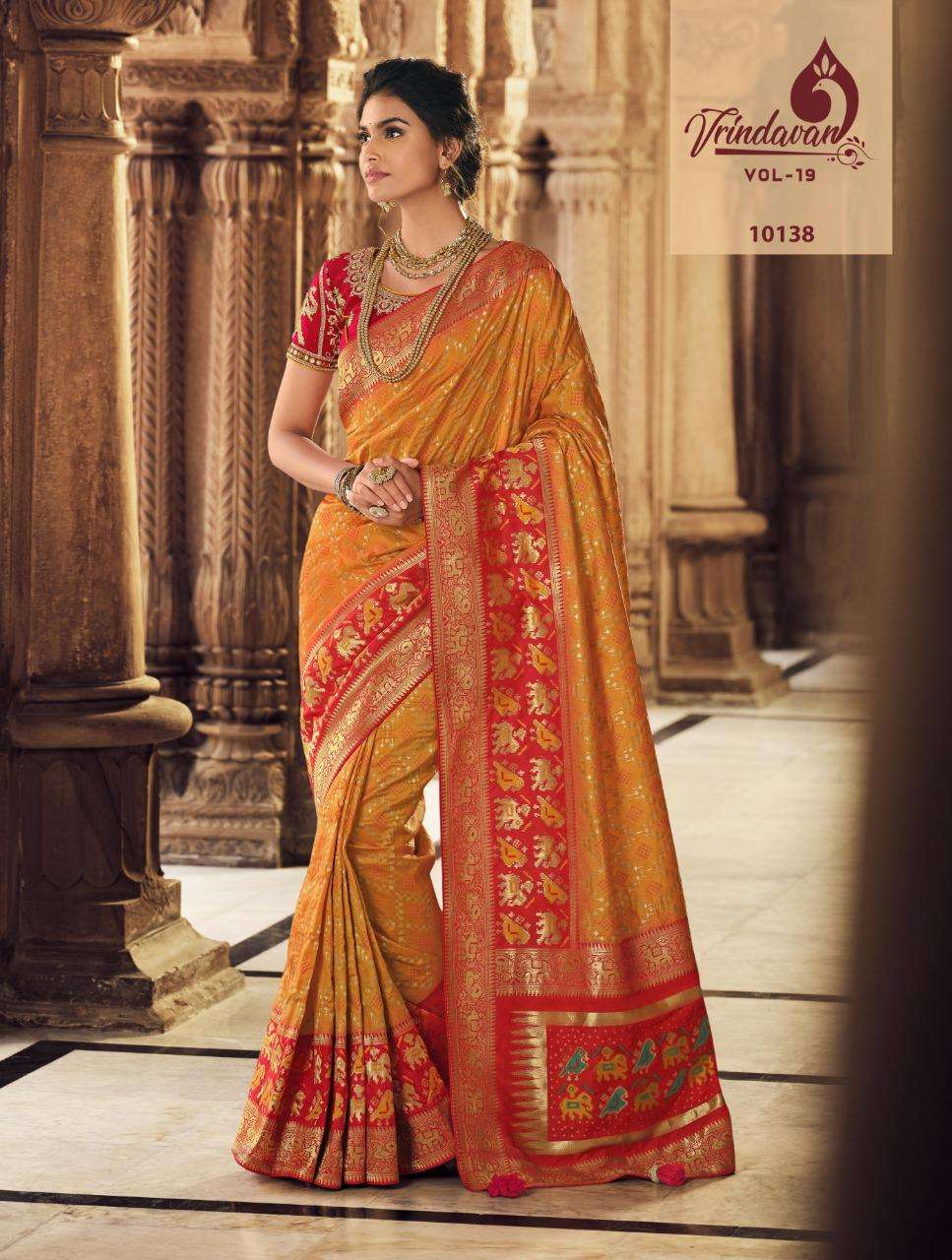 VRINDAVAN VOL-19 BY VRINDAVAN 10127 TO 10141 SERIES INDIAN TRADITIONAL WEAR COLLECTION BEAUTIFUL STYLISH FANCY COLORFUL PARTY WEAR & OCCASIONAL WEAR SILK SAREES AT WHOLESALE PRICE