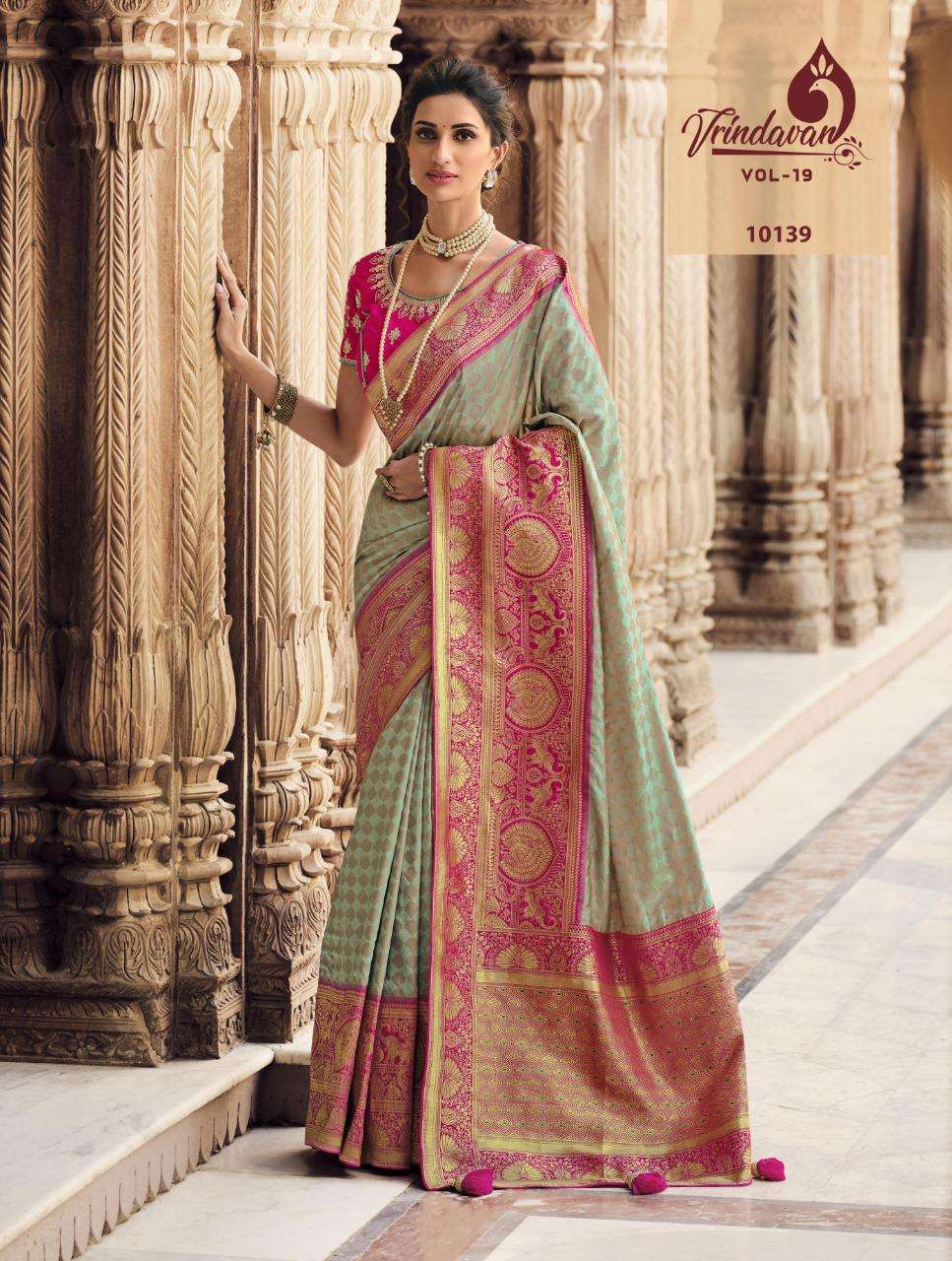 VRINDAVAN VOL-19 BY VRINDAVAN 10127 TO 10141 SERIES INDIAN TRADITIONAL WEAR COLLECTION BEAUTIFUL STYLISH FANCY COLORFUL PARTY WEAR & OCCASIONAL WEAR SILK SAREES AT WHOLESALE PRICE