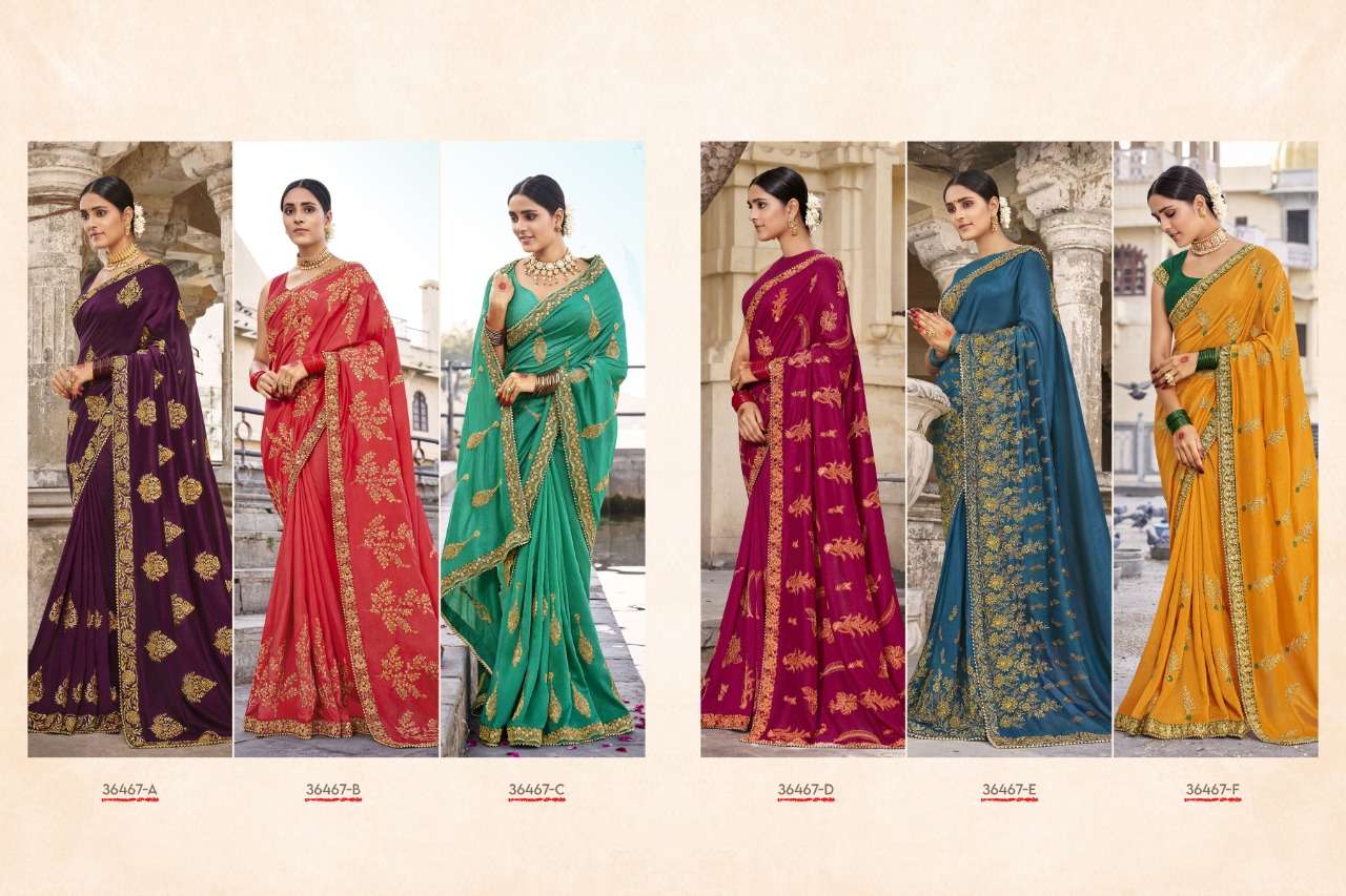 INDRASENA BY ANUSHREE 36467-A TO 36467-F SERIES INDIAN TRADITIONAL WEAR COLLECTION BEAUTIFUL STYLISH FANCY COLORFUL PARTY WEAR & OCCASIONAL WEAR VICHITRA SILK SAREES AT WHOLESALE PRICE