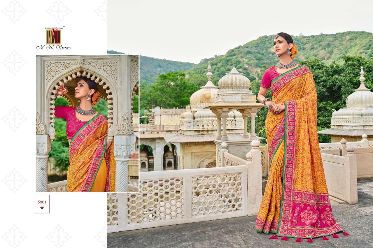 KACCHHI WORK VOL-2 BY M N SAREES 5901 TO 5906 SERIES INDIAN TRADITIONAL WEAR COLLECTION BEAUTIFUL STYLISH FANCY COLORFUL PARTY WEAR & OCCASIONAL WEAR SATIN/SILK/ORGANZA SAREES AT WHOLESALE PRICE