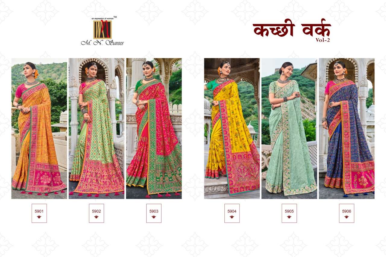 KACCHHI WORK VOL-2 BY M N SAREES 5901 TO 5906 SERIES INDIAN TRADITIONAL WEAR COLLECTION BEAUTIFUL STYLISH FANCY COLORFUL PARTY WEAR & OCCASIONAL WEAR SATIN/SILK/ORGANZA SAREES AT WHOLESALE PRICE