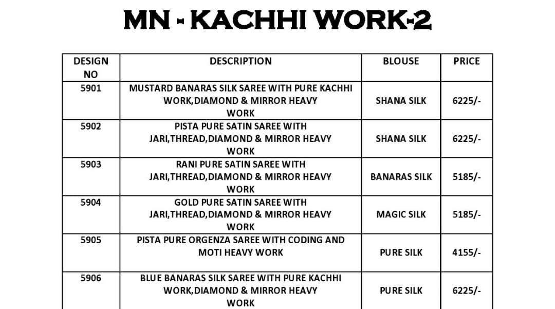 KACCHHI WORK VOL-2 BY M N SAREES 5901 TO 5906 SERIES INDIAN TRADITIONAL WEAR COLLECTION BEAUTIFUL STYLISH FANCY COLORFUL PARTY WEAR & OCCASIONAL WEAR SATIN/SILK/ORGANZA SAREES AT WHOLESALE PRICE