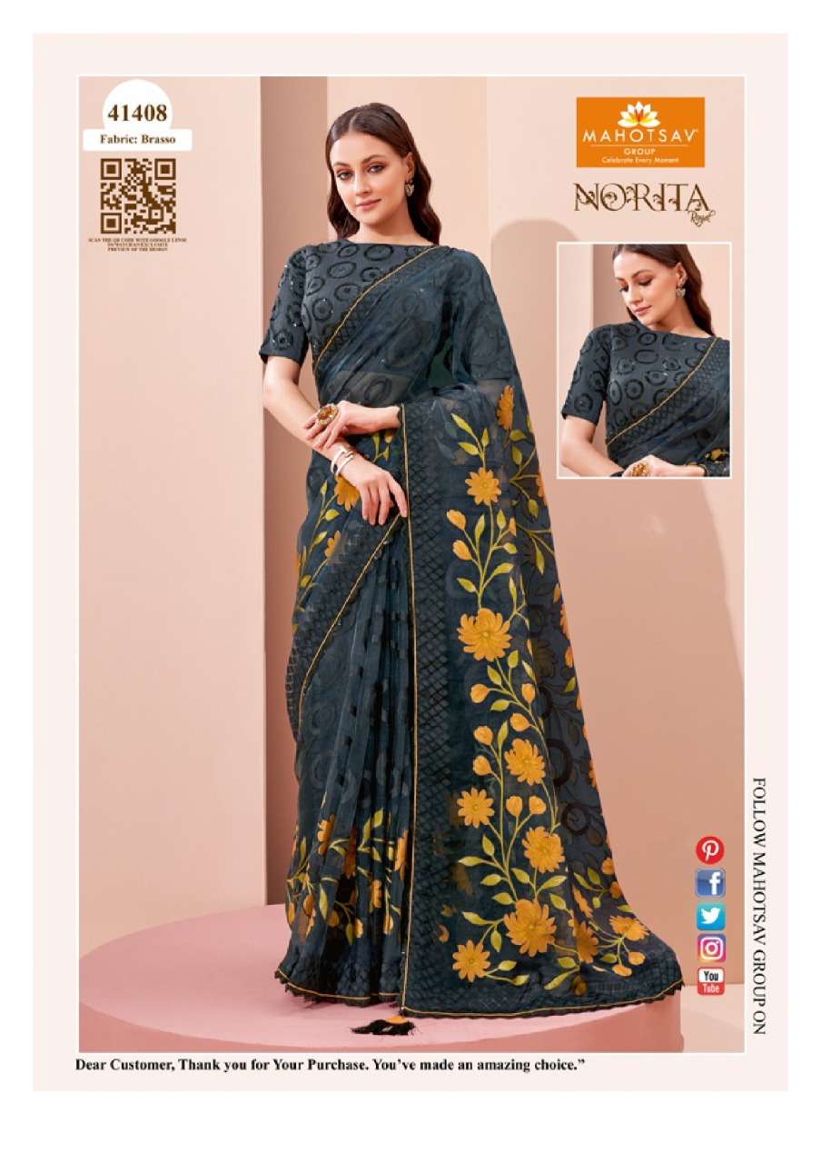 NORITA 41400 SERIES BY MAHOTSAV 41400 TO 41413 SERIES INDIAN TRADITIONAL WEAR COLLECTION BEAUTIFUL STYLISH FANCY COLORFUL PARTY WEAR & OCCASIONAL WEAR GEORGETTE/BRASSO SAREES AT WHOLESALE PRICE