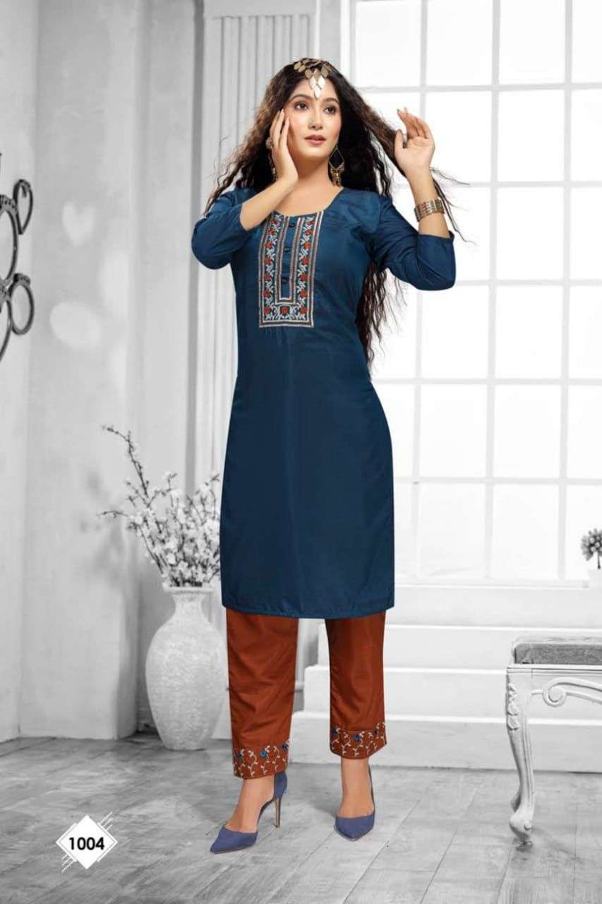 BLACKBERRY BY RAZZO EXPORTS 1001 TO 1008 SERIES DESIGNER STYLISH FANCY COLORFUL BEAUTIFUL PARTY WEAR & ETHNIC WEAR COLLECTION CHINNON SILK EMBROIDERED KURTIS WITH BOTTOM AT WHOLESALE PRICE