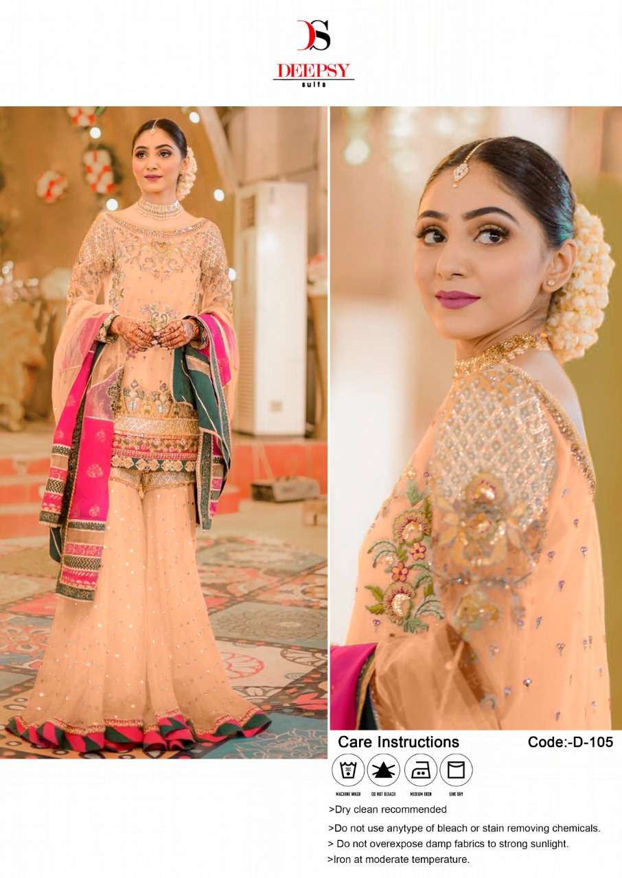 DEEPSY HIT DESIGN 105 COLOURS BY DEEPSY SUITS 105-A TO 105-D SERIES PAKISTANI SUITS BEAUTIFUL FANCY COLORFUL STYLISH PARTY WEAR & OCCASIONAL WEAR SILK SATIN WITH EMBROIDERY DRESSES AT WHOLESALE PRICE