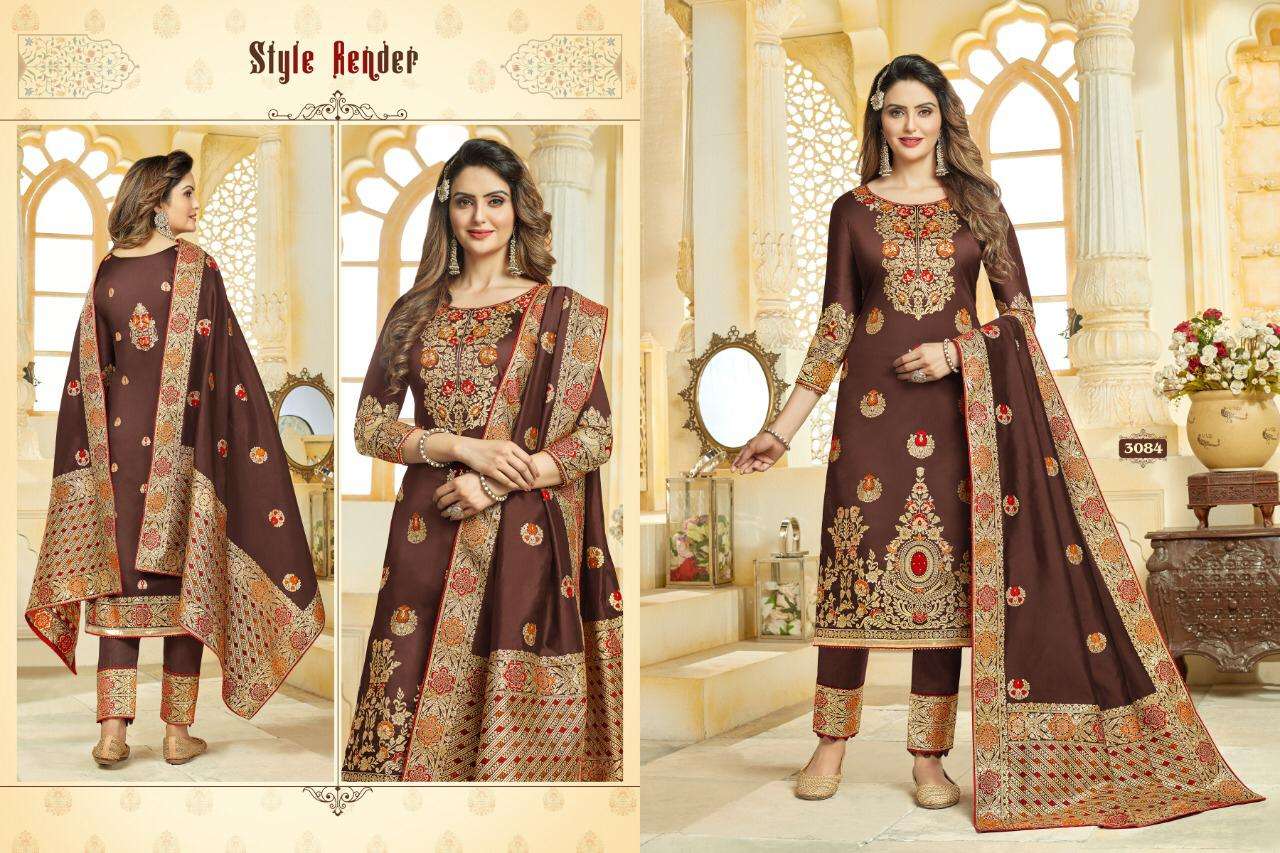 RAJJO VOL-6 BY A.M. CREATION 3081 TO 3086 SERIES BEAUTIFUL SUITS COLORFUL STYLISH FANCY CASUAL WEAR & ETHNIC WEAR JACQUARD SILK DRESSES AT WHOLESALE PRICE
