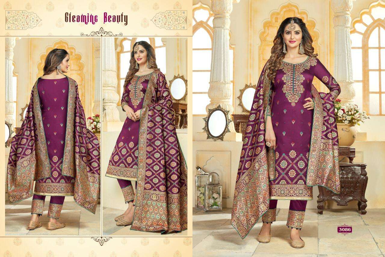 RAJJO VOL-6 BY A.M. CREATION 3081 TO 3086 SERIES BEAUTIFUL SUITS COLORFUL STYLISH FANCY CASUAL WEAR & ETHNIC WEAR JACQUARD SILK DRESSES AT WHOLESALE PRICE