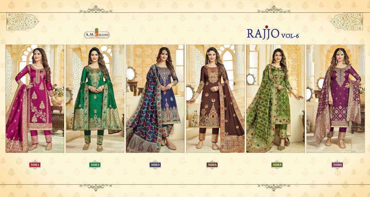 RAJJO VOL-6 BY A.M. CREATION 3081 TO 3086 SERIES BEAUTIFUL SUITS COLORFUL STYLISH FANCY CASUAL WEAR & ETHNIC WEAR JACQUARD SILK DRESSES AT WHOLESALE PRICE