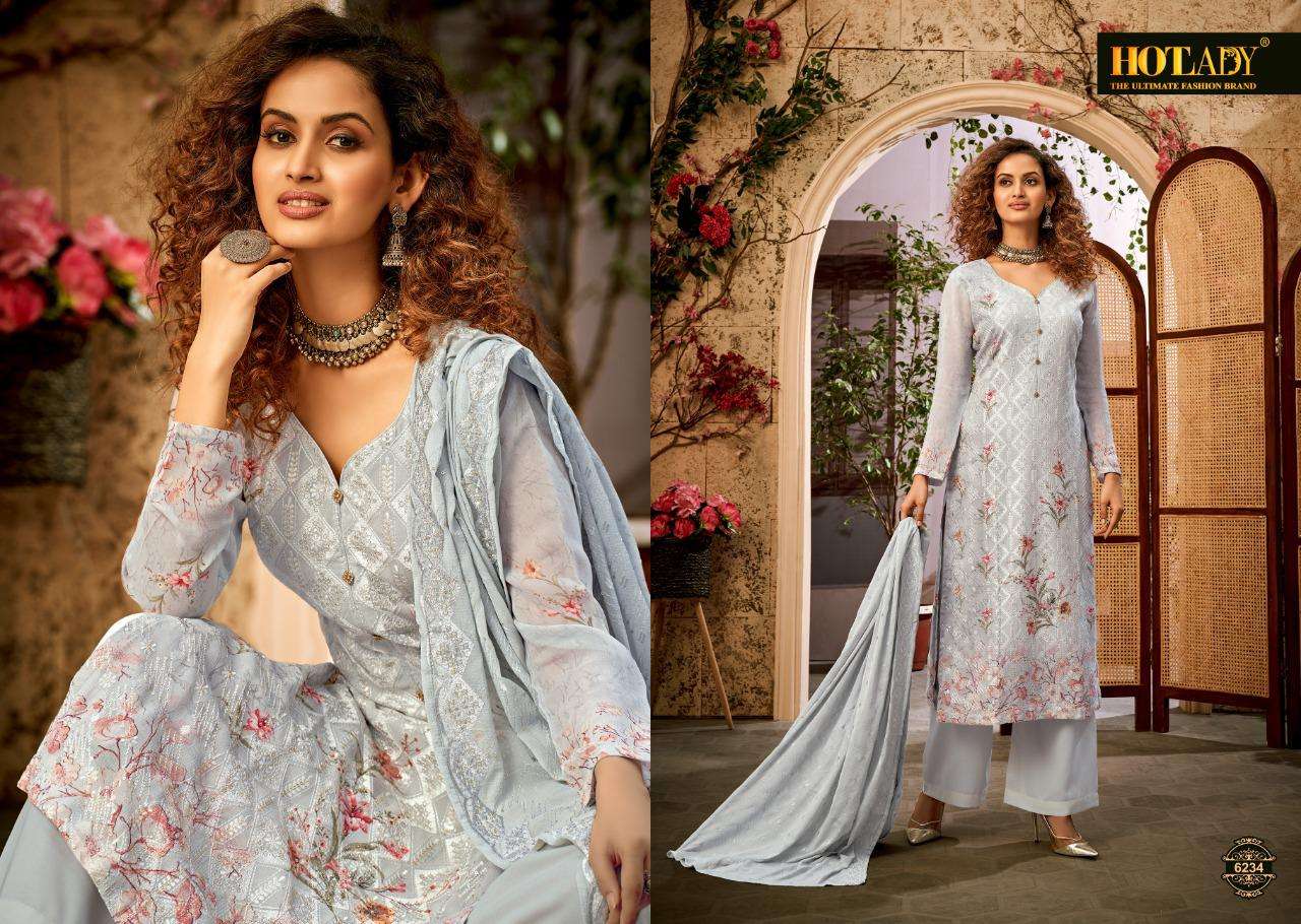 SAMISHA VOL-3 BY HOT LADY 6231 TO 6237 SERIES DESIGNER SUITS BEAUTIFUL STYLISH FANCY COLORFUL PARTY WEAR & OCCASIONAL WEAR PURE VISCOSE BEMBERG GEORGETTE EMBROIDERED DRESSES AT WHOLESALE PRICE