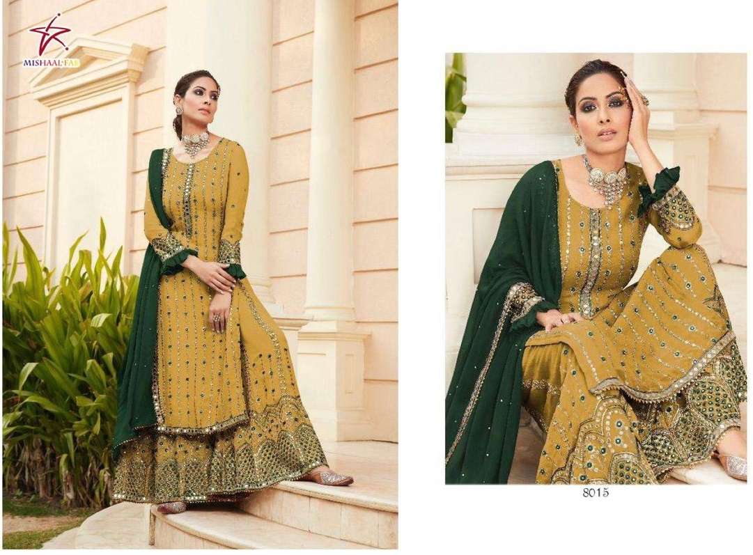 MISHAAL HIT DESIGN BY MISHAAL FAB 8015-A TO 8015-F SERIES DESIGNER WEDDING COLLECTION BEAUTIFUL FANCY COLORFUL OCCASIONAL WEAR & PARTY WEAR HEAVY GEORGETTE EMBROIDERY DRESSES AT WHOLESALE PRICE