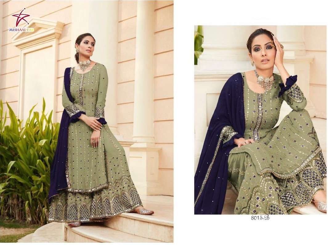 MISHAAL HIT DESIGN BY MISHAAL FAB 8015-A TO 8015-F SERIES DESIGNER WEDDING COLLECTION BEAUTIFUL FANCY COLORFUL OCCASIONAL WEAR & PARTY WEAR HEAVY GEORGETTE EMBROIDERY DRESSES AT WHOLESALE PRICE