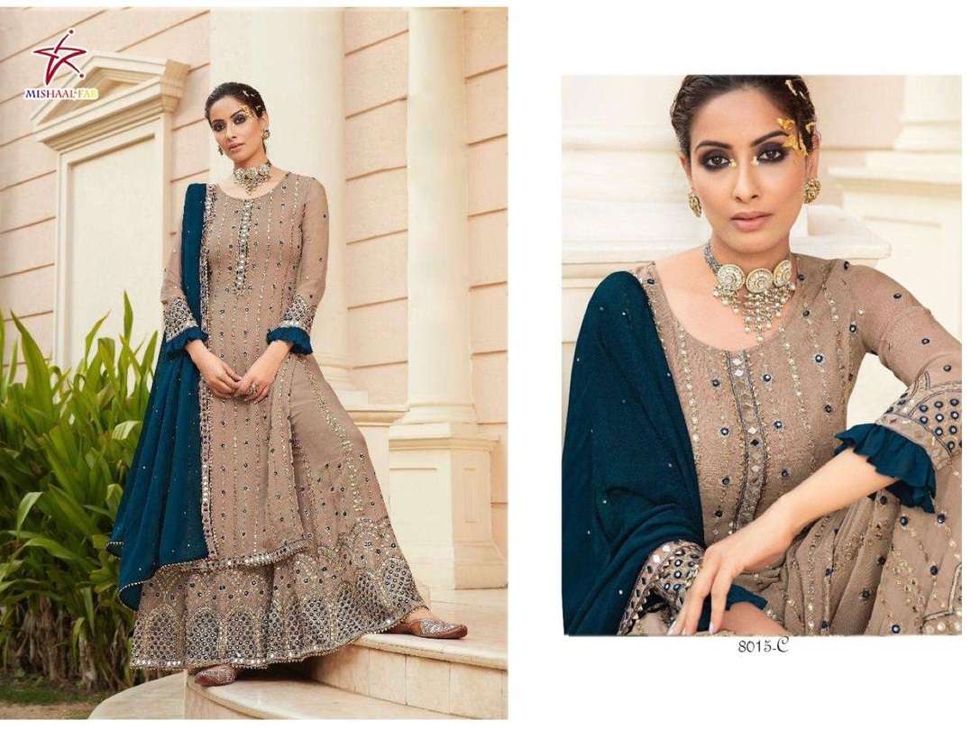 MISHAAL HIT DESIGN BY MISHAAL FAB 8015-A TO 8015-F SERIES DESIGNER WEDDING COLLECTION BEAUTIFUL FANCY COLORFUL OCCASIONAL WEAR & PARTY WEAR HEAVY GEORGETTE EMBROIDERY DRESSES AT WHOLESALE PRICE