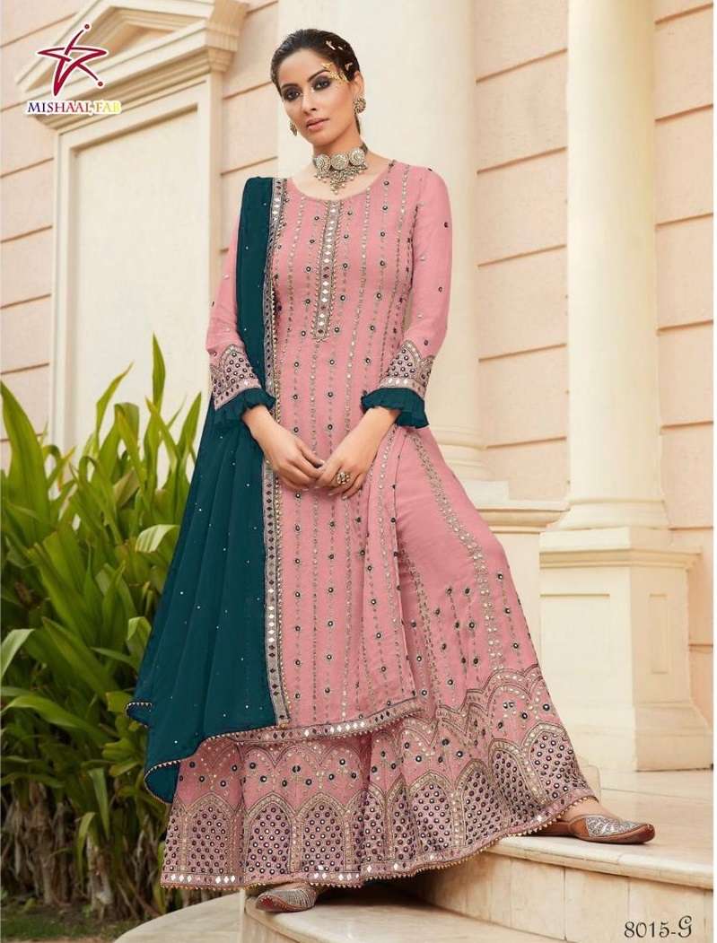 MISHAAL HIT DESIGN BY MISHAAL FAB 8015-A TO 8015-F SERIES DESIGNER WEDDING COLLECTION BEAUTIFUL FANCY COLORFUL OCCASIONAL WEAR & PARTY WEAR HEAVY GEORGETTE EMBROIDERY DRESSES AT WHOLESALE PRICE