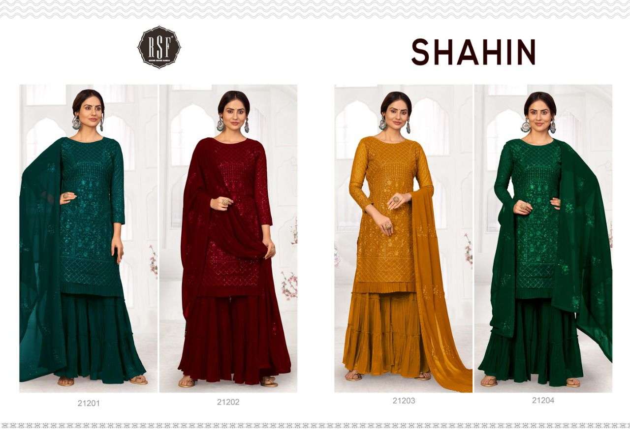 SHAHIN 21201 SERIES BY RIDDHI SIDDHI FASHOIN 21201 TO 21204 SERIES BEAUTIFUL STYLISH SHARARA SUITS FANCY COLORFUL CASUAL WEAR & ETHNIC WEAR & READY TO WEAR FAUX GEORGETTE DRESSES AT WHOLESALE PRICE