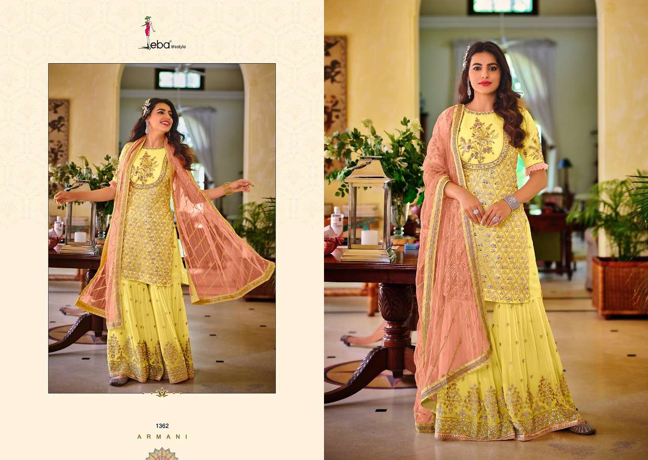 ARMANI BY EBA LIFESTYLE 1361 TO 1364 SERIES BEAUTIFUL SUITS COLORFUL STYLISH FANCY CASUAL WEAR & ETHNIC WEAR FAUX GEORGETTE EMBROIDERED DRESSES AT WHOLESALE PRICE