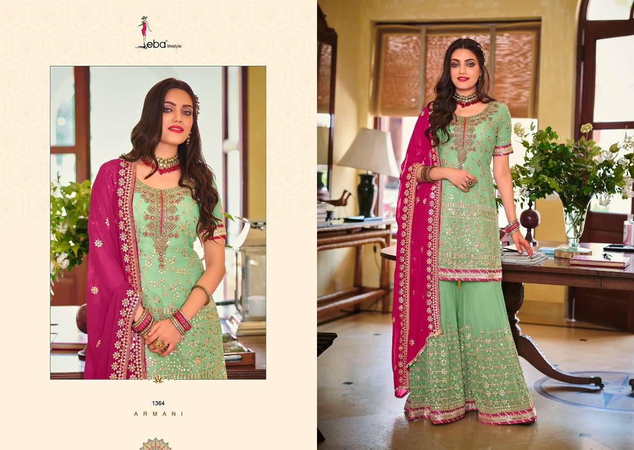 ARMANI BY EBA LIFESTYLE 1361 TO 1364 SERIES BEAUTIFUL SUITS COLORFUL STYLISH FANCY CASUAL WEAR & ETHNIC WEAR FAUX GEORGETTE EMBROIDERED DRESSES AT WHOLESALE PRICE