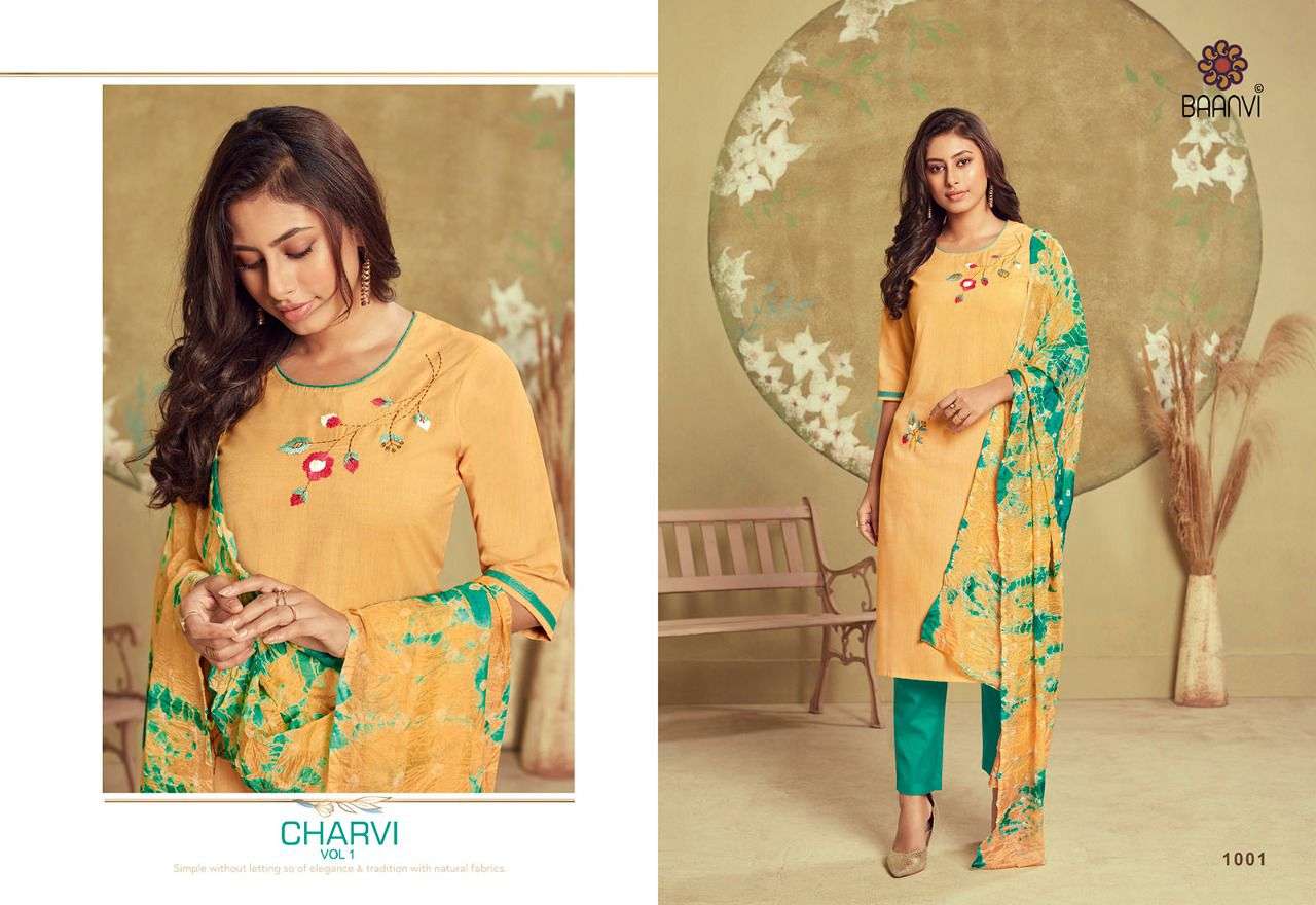 CHARVI BY BAANVI 1001 TO 1008 SERIES BEAUTIFUL SUITS COLORFUL STYLISH FANCY CASUAL WEAR & ETHNIC WEAR PURE COTTON EMBROIDERED DRESSES AT WHOLESALE PRICE