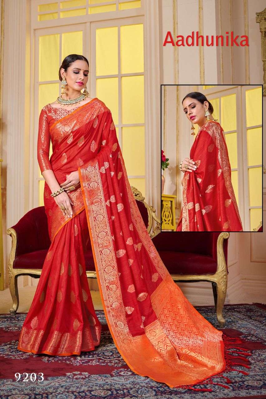 AADHUNIKA BY RAJYOG 9201 TO 9206 SERIES INDIAN TRADITIONAL WEAR COLLECTION BEAUTIFUL STYLISH FANCY COLORFUL PARTY WEAR & OCCASIONAL WEAR SOFT SILK SAREES AT WHOLESALE PRICE
