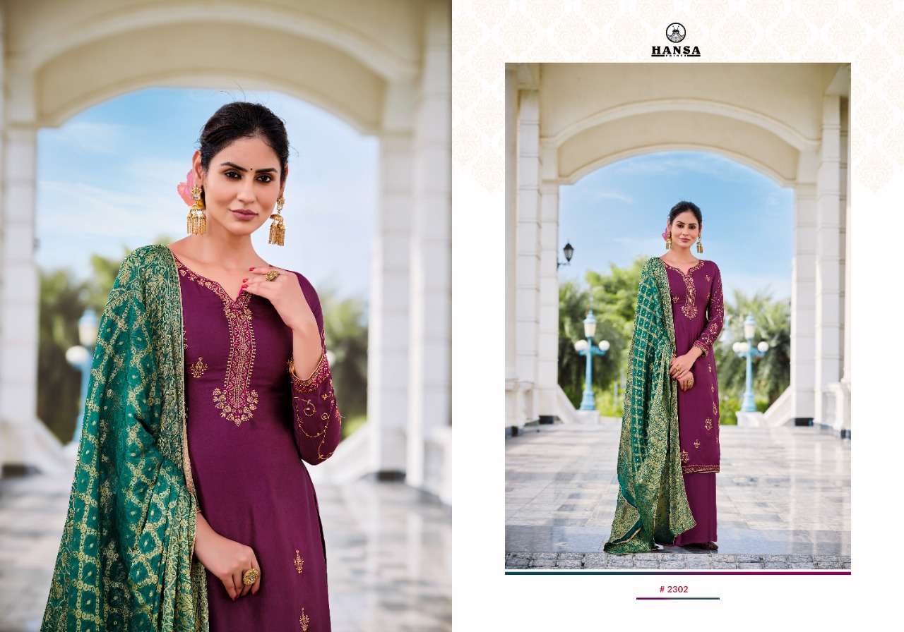 BINDIYA BY HANSA PRINTS 2301 TO 2305 SERIES BEAUTIFUL SUITS COLORFUL STYLISH FANCY CASUAL WEAR & ETHNIC WEAR SATIN GEORGETTE WITH WORK DRESSES AT WHOLESALE PRICE