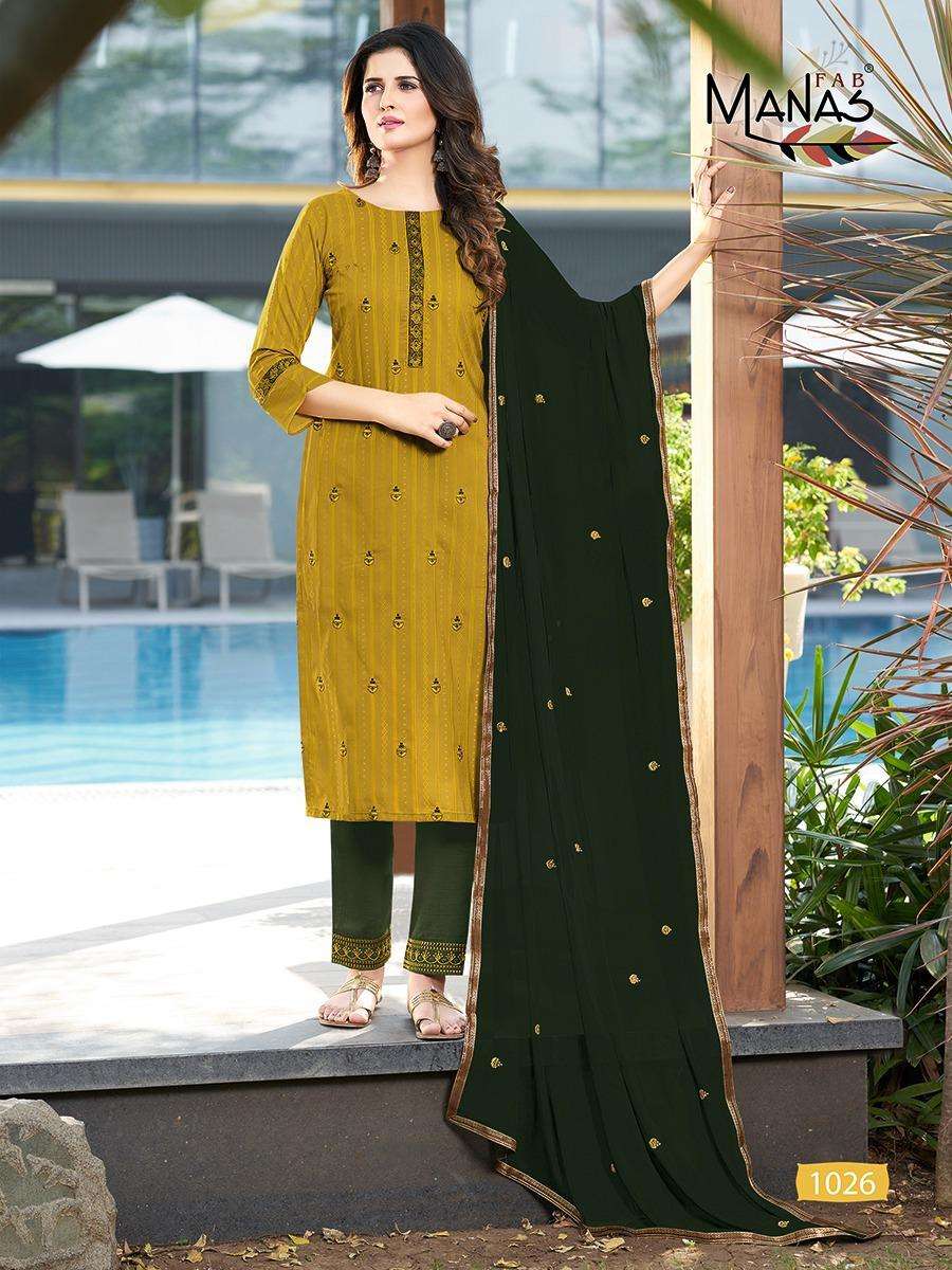 DELIGHT VOL-5 BY MANAS FAB 1025 TO 1030 SERIES BEAUTIFUL SUITS COLORFUL STYLISH FANCY CASUAL WEAR & ETHNIC WEAR CHINNON SILK WITH EMBROIDERY DRESSES AT WHOLESALE PRICE