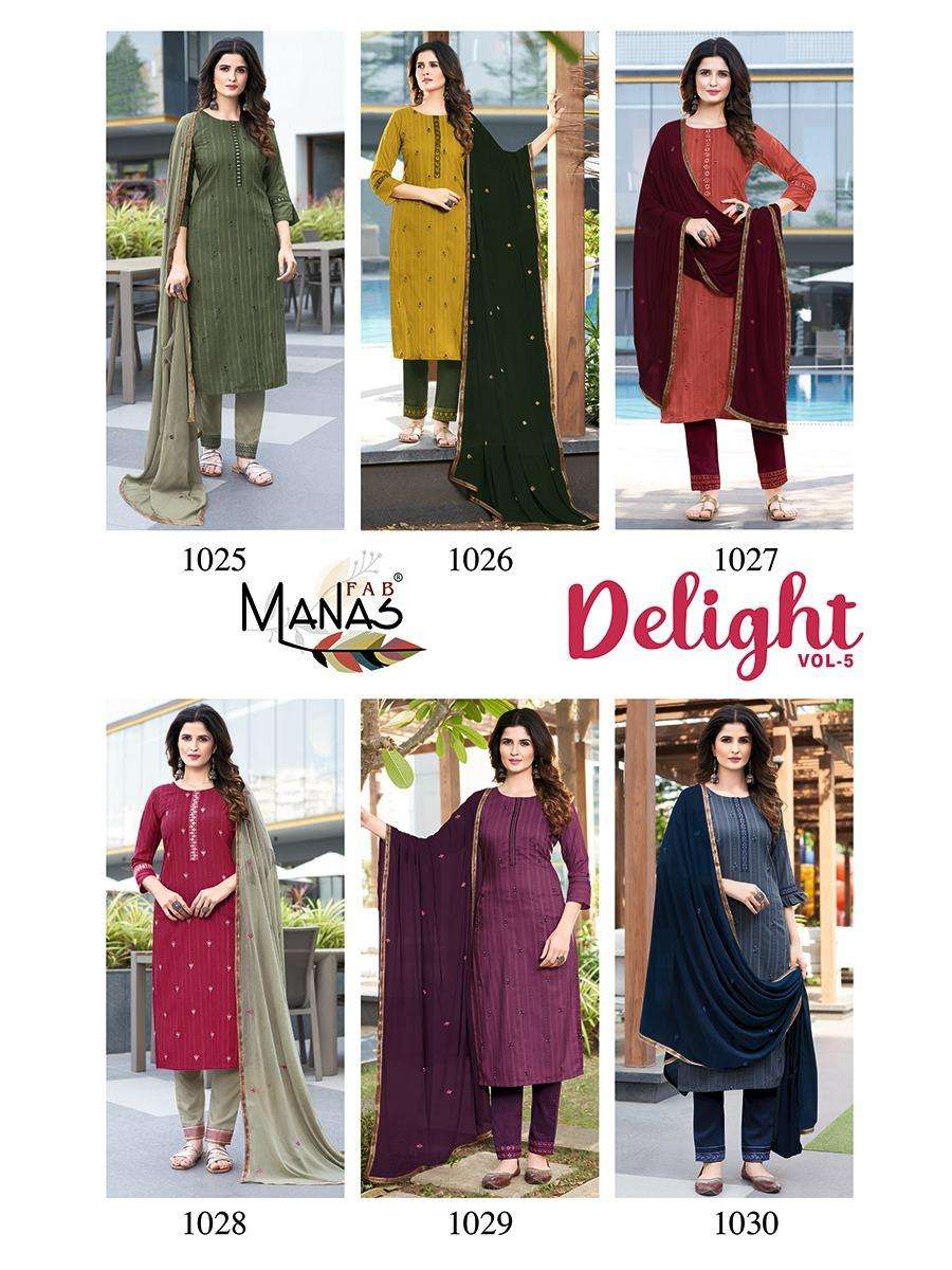 DELIGHT VOL-5 BY MANAS FAB 1025 TO 1030 SERIES BEAUTIFUL SUITS COLORFUL STYLISH FANCY CASUAL WEAR & ETHNIC WEAR CHINNON SILK WITH EMBROIDERY DRESSES AT WHOLESALE PRICE