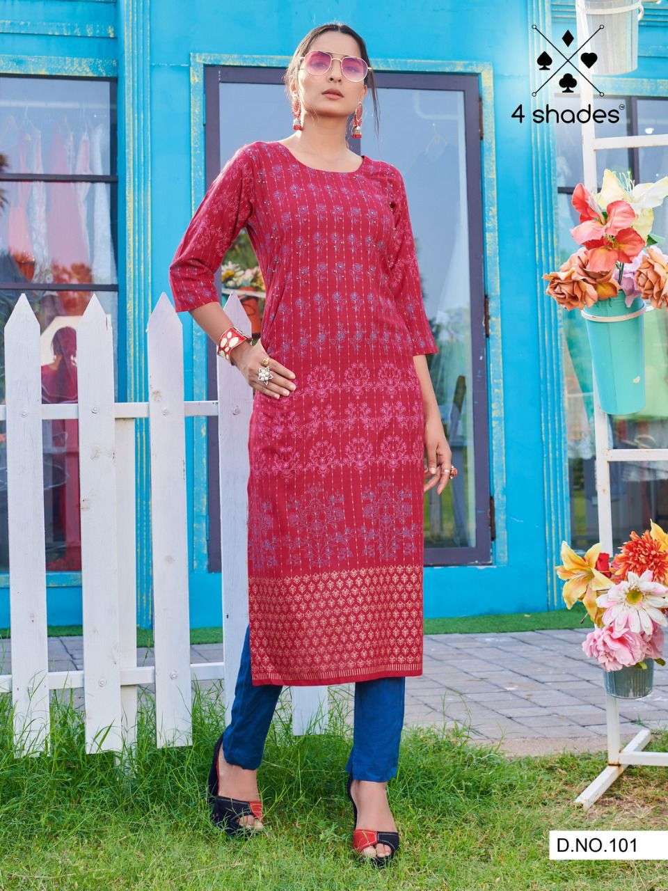 SIMPLE DIMPLE BY 4 SHADES 101 TO 108 SERIES DESIGNER STYLISH FANCY COLORFUL BEAUTIFUL PARTY WEAR & ETHNIC WEAR COLLECTION RAYON SLUB WITH WORK KURTIS AT WHOLESALE PRICE