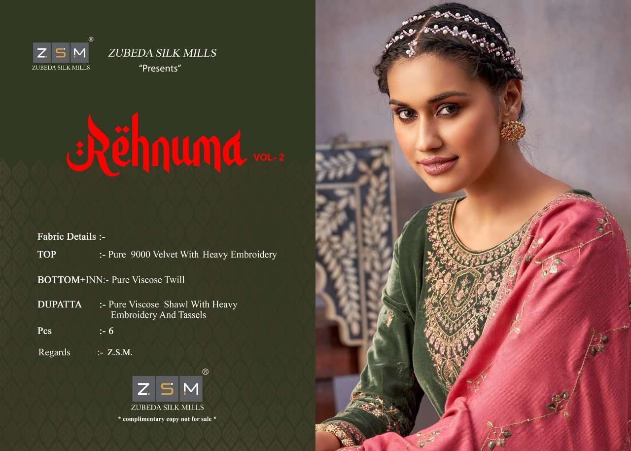 REHNUMA VOL-2 BY ZSM 2001 TO 2006 SERIES BEAUTIFUL STYLISH SUITS FANCY COLORFUL CASUAL WEAR & ETHNIC WEAR & READY TO WEAR PURE VELVET DRESSES AT WHOLESALE PRICE