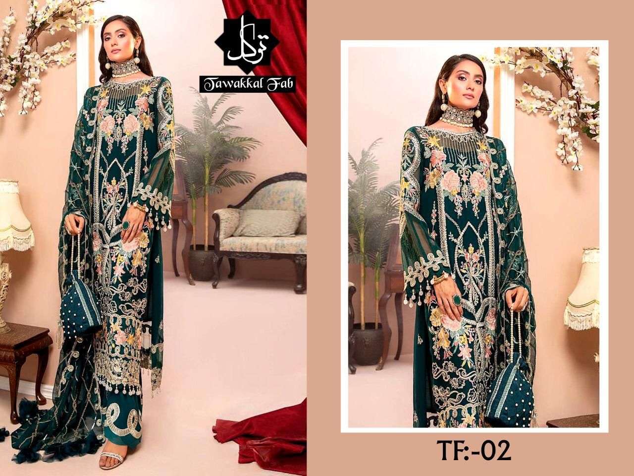 TAWAKKAL FAB HIT DESIGN 02 BY TAWAKKAL FAB PAKISTANI STYLISH BEAUTIFUL COLOURFUL PRINTED & EMBROIDERED PARTY WEAR & OCCASIONAL WEAR FAUX GEORGETTE EMBROIDERED DRESSES AT WHOLESALE PRICE