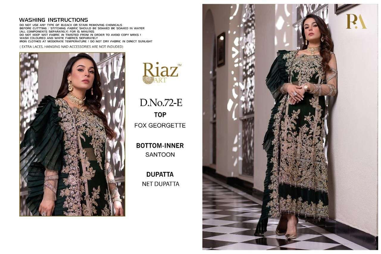 RIAZ 72 COLOURS BY RIAZ ART 72-A TO 72-E SERIES BEAUTIFUL STYLISH SHARARA SUITS FANCY COLORFUL CASUAL WEAR & ETHNIC WEAR & READY TO WEAR FAUX GEORGETTE EMBROIDERED DRESSES AT WHOLESALE PRICE