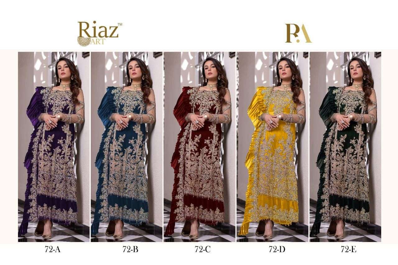 RIAZ 72 COLOURS BY RIAZ ART 72-A TO 72-E SERIES BEAUTIFUL STYLISH SHARARA SUITS FANCY COLORFUL CASUAL WEAR & ETHNIC WEAR & READY TO WEAR FAUX GEORGETTE EMBROIDERED DRESSES AT WHOLESALE PRICE