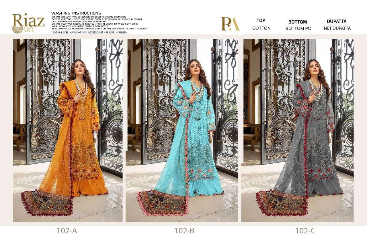 RIAZ 102 COLOURS BY RIAZ ART 102-A TO 102-D SERIES BEAUTIFUL STYLISH SHARARA SUITS FANCY COLORFUL CASUAL WEAR & ETHNIC WEAR & READY TO WEAR COTTON EMBROIDERED DRESSES AT WHOLESALE PRICE