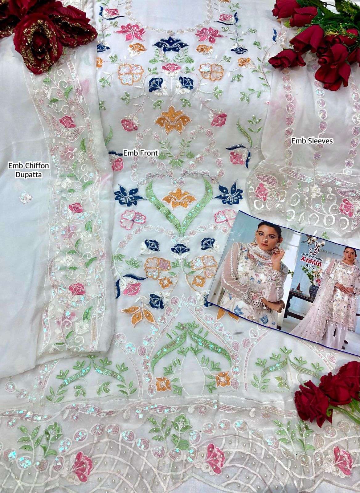 AIMAN BY ALIF FASHION DESIGNER PAKISTANI SUITS BEAUTIFUL STYLISH FANCY COLORFUL PARTY WEAR & OCCASIONAL WEAR FAUX GEORGETTE EMBROIDERED DRESSES AT WHOLESALE PRICE